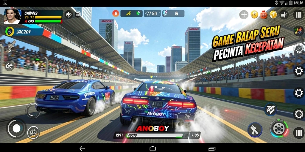 Gameplay ANOBOY yang mendebarkan dengan kendaraan balap yang cepat.