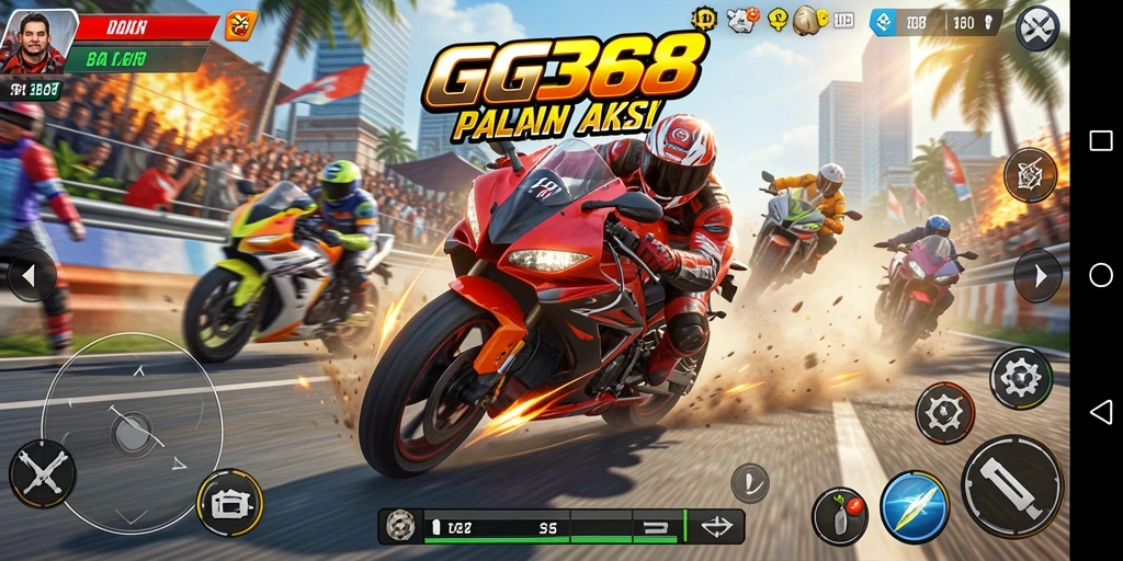 Screenshot gameplay GG368 menampilkan aksi balapan motor yang intens.