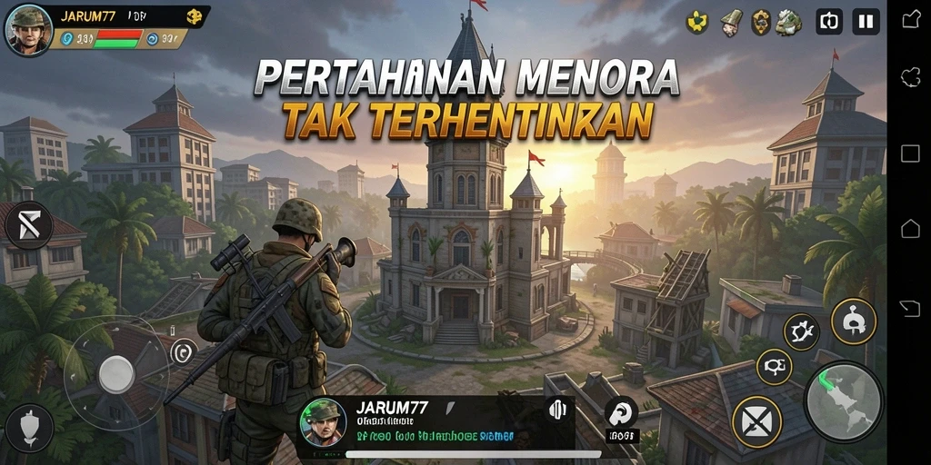 Tangkapan layar gameplay <strong>JARUM77</strong> menampilkan menara yang melawan gelombang musuh.