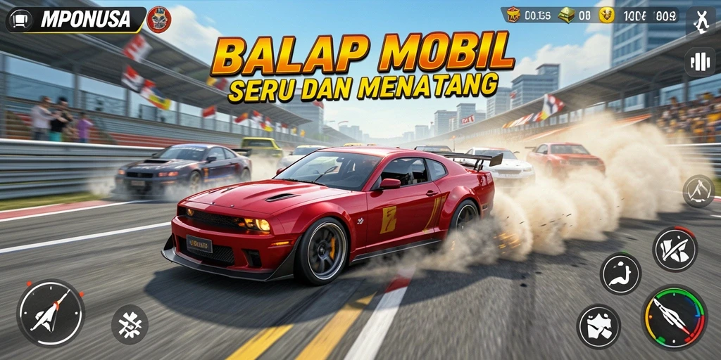 Tampilan gameplay seru dari MPONUSA dengan balapan mendebarkan.