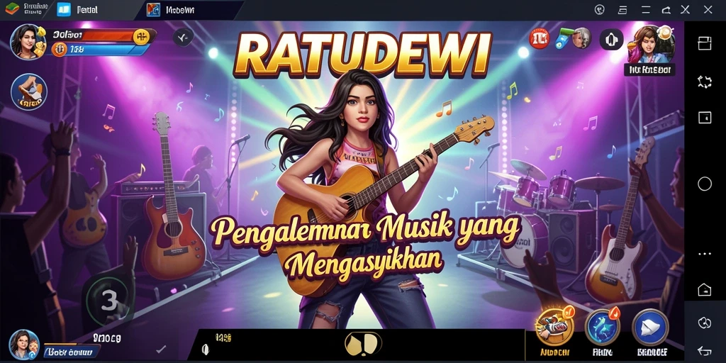 Tampilan utama gameplay RATUDEWI dengan berbagai pilihan musik.
