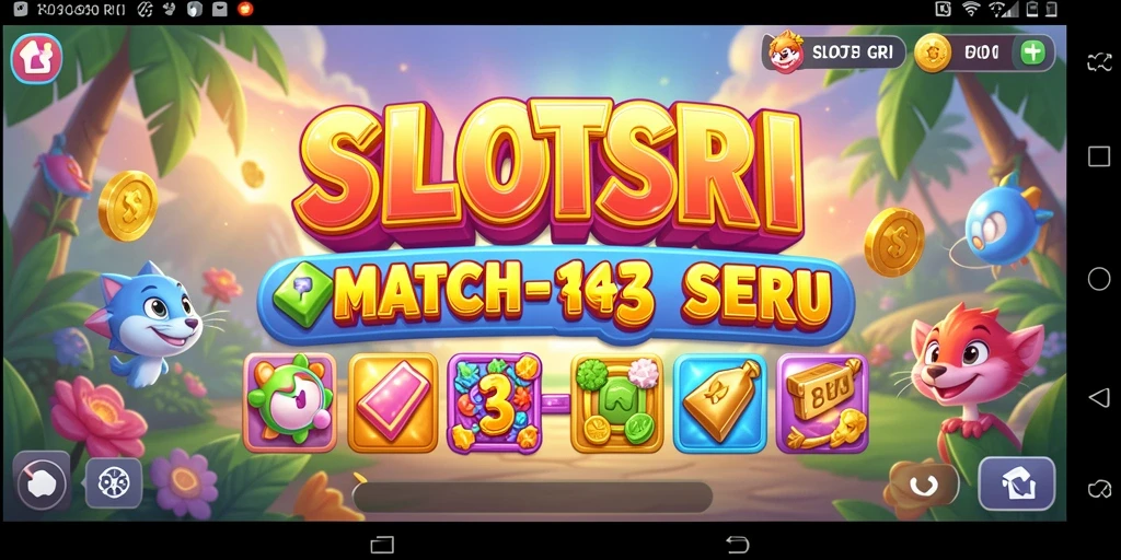 Screenshot gameplay SLOTSRI menunjukkan aksi mencocokkan simbol Match-3 yang mendebarkan.